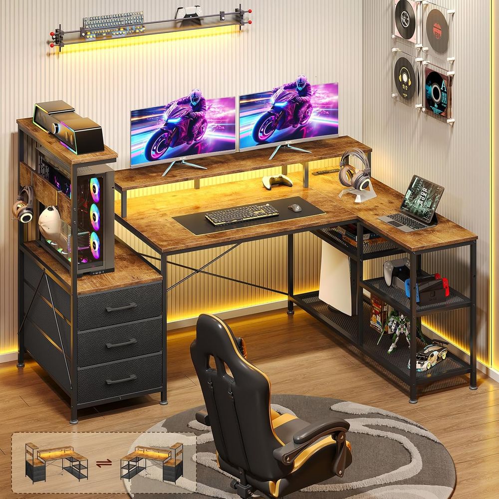 Monitor Stand - 서랍, 수납공간, 전원 콘센트, LED 조명,